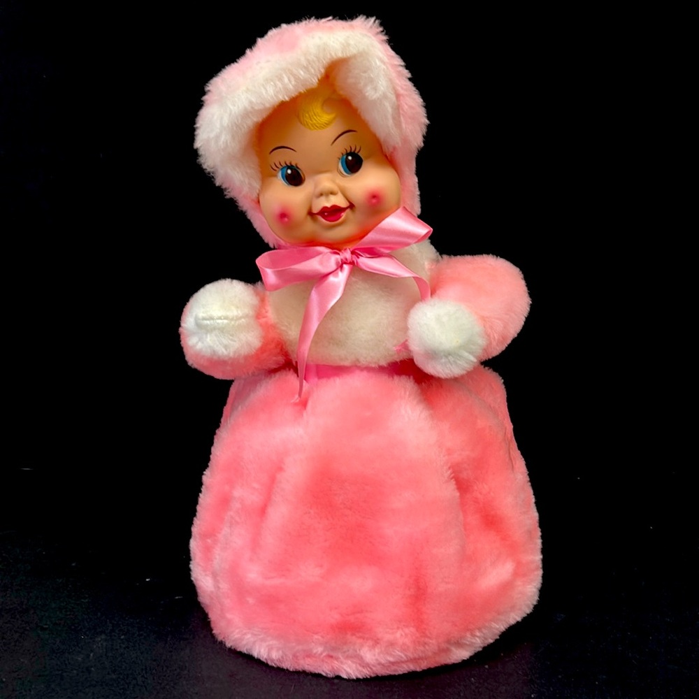 Retro kitsch 14.5”  rubber face pink plush dress pyjama girl  Made in Toronto